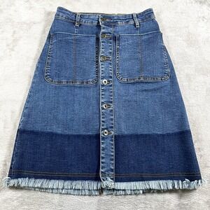 Y2K Two Tone Jean MIDI Skirt Womens 26 Button Front Denim Stretch Hippie Raw Hem